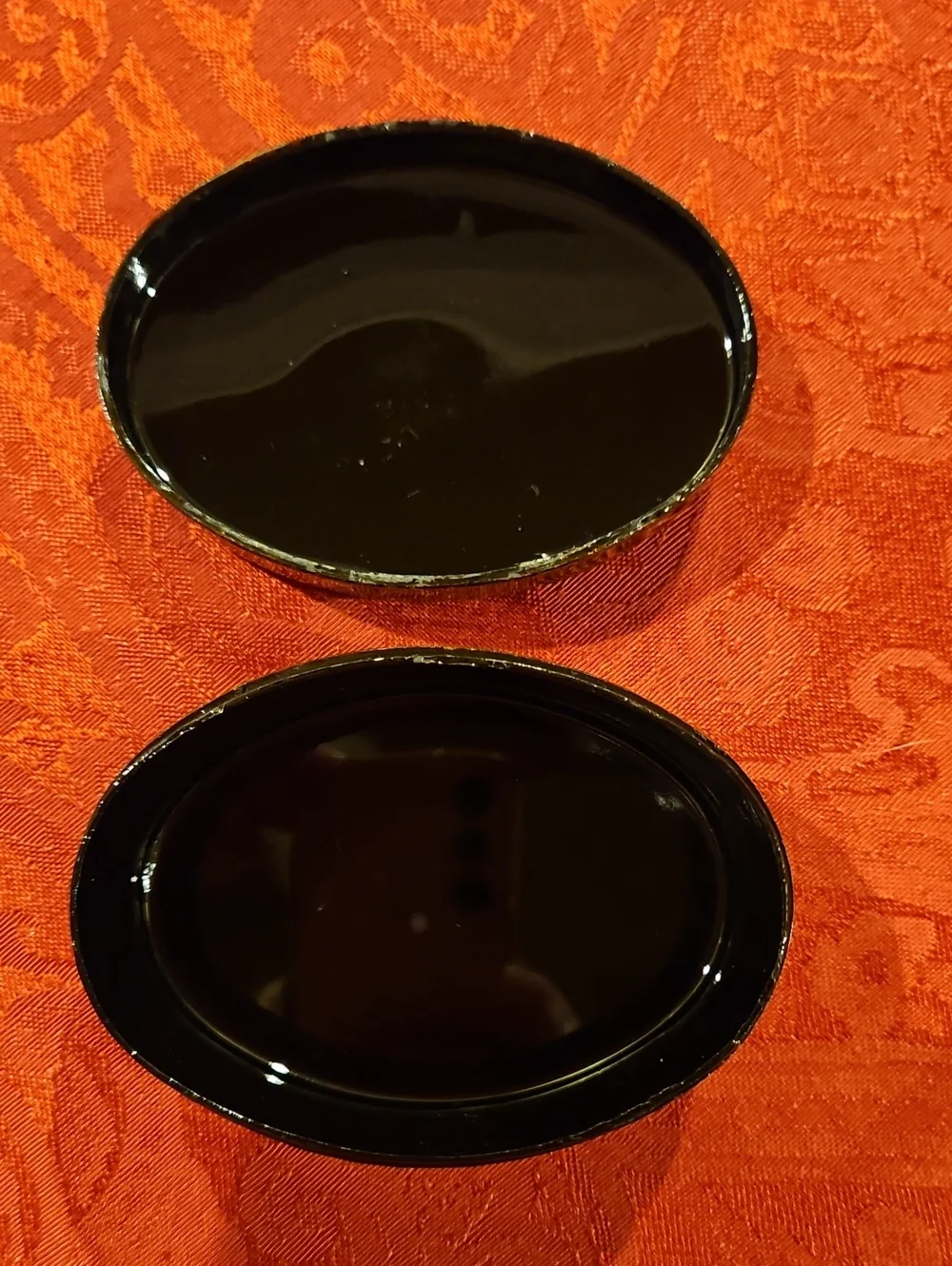 Vintage Asian Black Lacquer Floral Oval Trinket Boxes - Set of 2